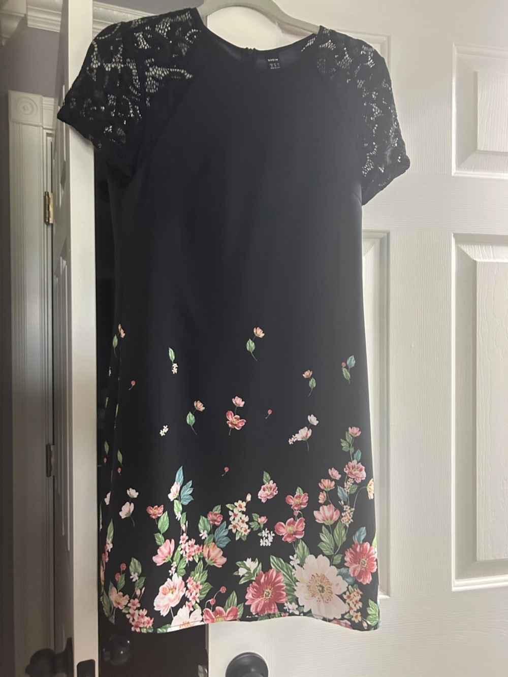 SHEIN Black Shift Dress with Pink & Green Floral Hem and Lace Sleeves